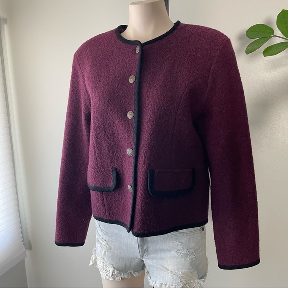 Vintage 100% Wool Principles Round Neck Blazer Jacket Purple Plum Button Down - Picture 4 of 8